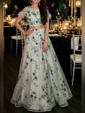 Mint Green Floral Embroidered Lehenga Set